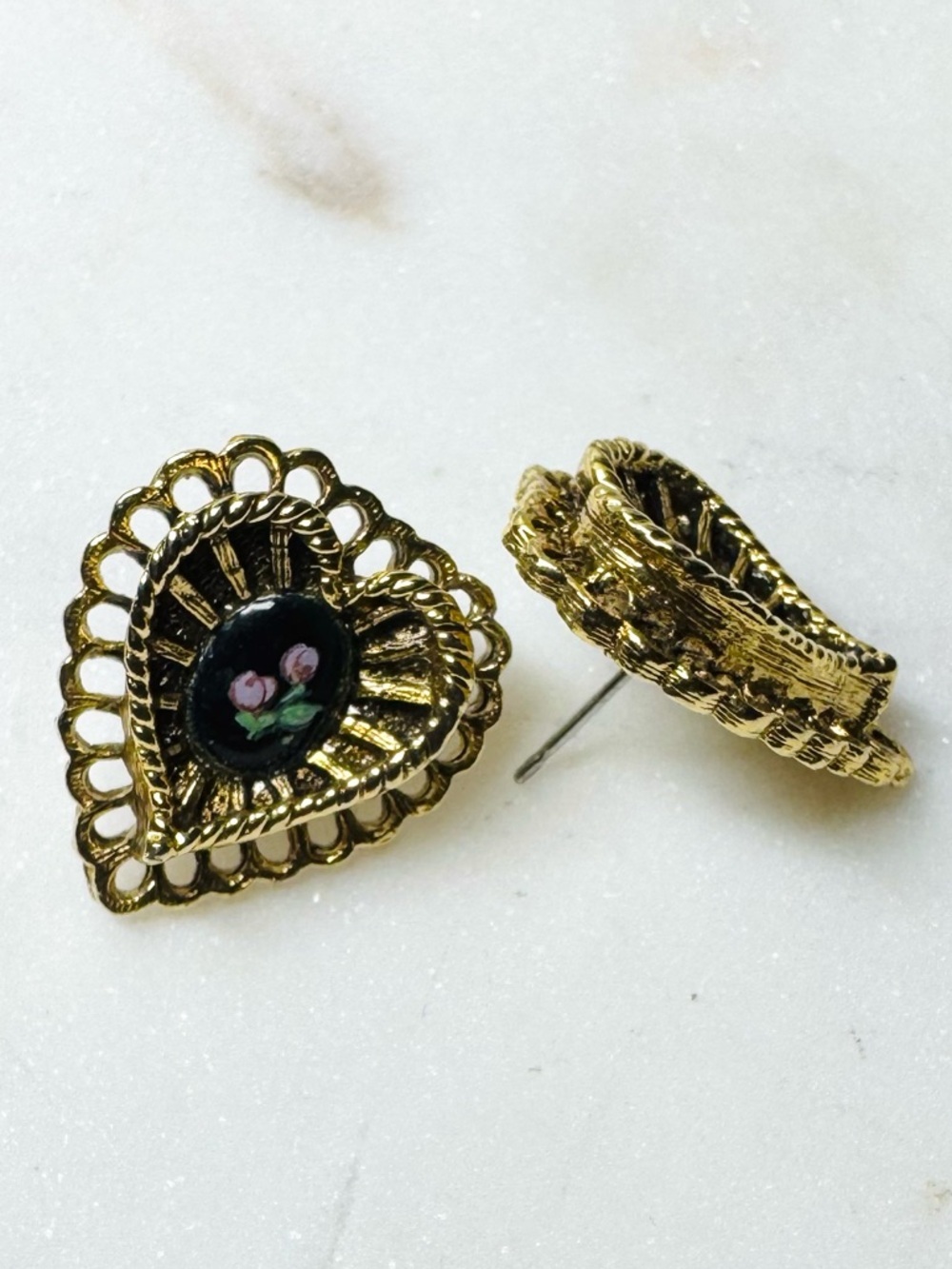 Vintage Gold Tone Heart Stud Earrings Hand Painted Rose Cabochon